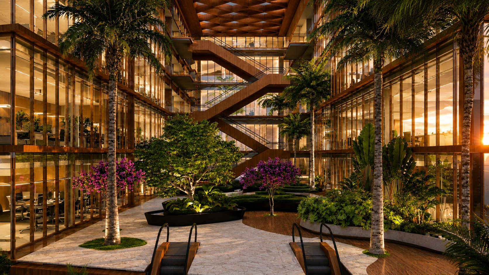 Perspectiva dos jardins internos do Manaira Empresarial